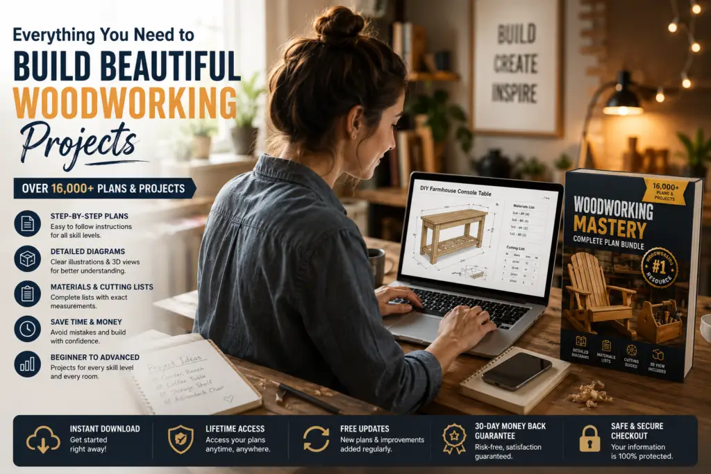 Woman at desk browsing woodworking project plans on laptop with Woodworking Mastery book and DIY Farmhouse Console Table blueprint visible