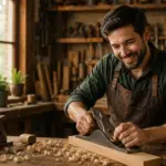 Smiling male woodworker in brown leather apron using a hand plane on wood in a tool-filled workshop