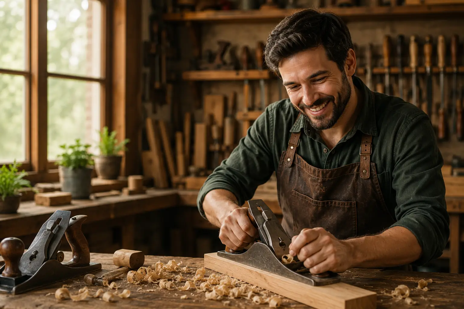 Woodworker using a hand plane on wood in a tool-filled workshop