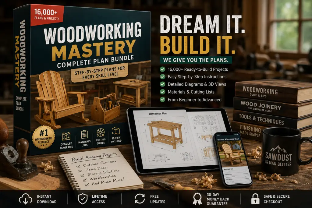 Woodworking Mastery complete plan bundle box with 16000 ready-to-build projects diagrams cutting guides and 3D views on tablet and smartphone