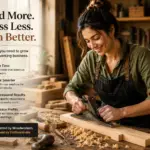 Smiling woman woodworker sanding wood with text Build More Stress Less Earn Better and business benefits listed