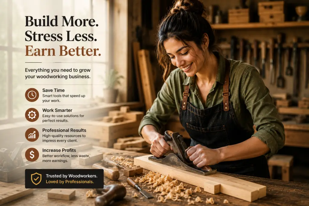 Female woodworker sharing how woodworking plans helped simplify DIY furniture projects and improve results.