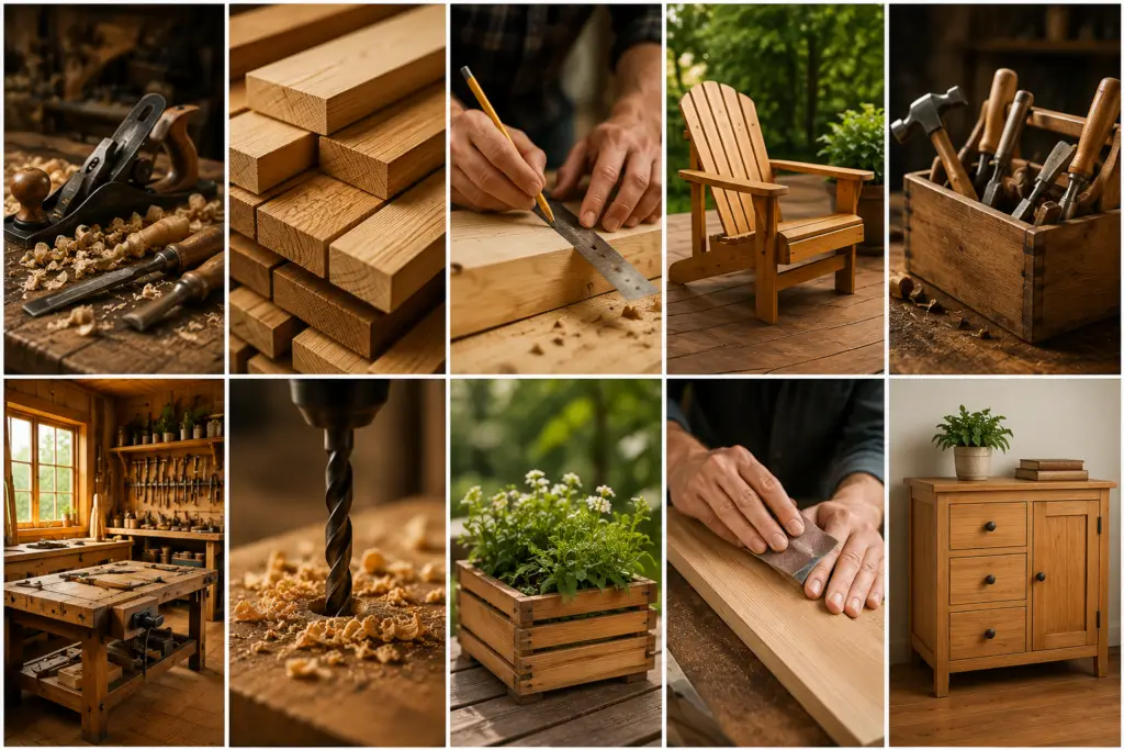 Collage of woodworking images showing hand planes, lumber, measuring, Adirondack chair, tool box, workshop, drill, planter box, sanding, and storage cabinet