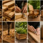 Collage of woodworking images showing hand planes, lumber, measuring, Adirondack chair, tool box, workshop, drill, planter box, sanding, and storage cabinet