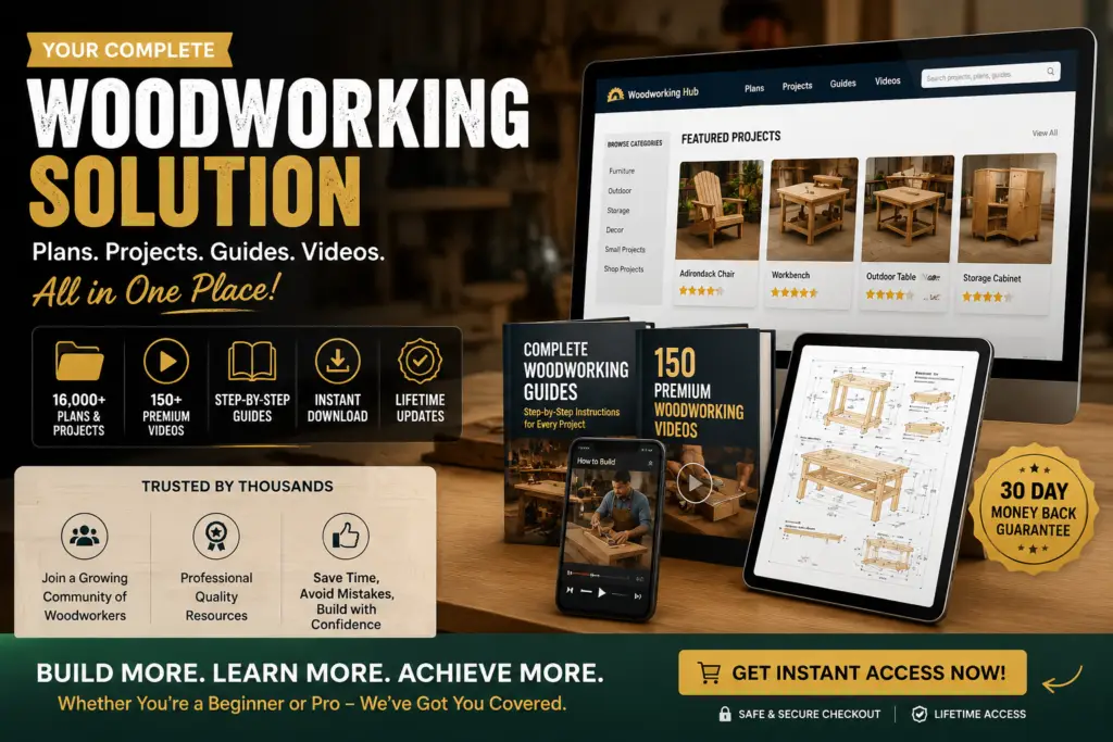 Complete woodworking solution displayed on desktop monitor showing searchable plans library with 16000 projects guides and 150 premium videos
