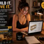 Woman browsing 16000 woodworking plans on laptop with Woodworking Mastery Complete Plan Bundle box showing DIY Farmhouse Console Table plan