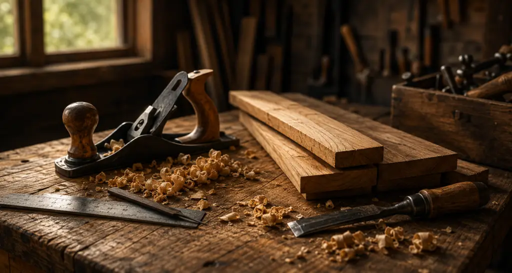 Step-by-step woodworking project setup with tools and wood ready for construction.